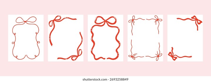 Bow knot ribbon vector borders set for Merry Christmas postcards, wedding invintations, Valentines day greeting cards design. Collection of groovy funky xmas frame illustration elements