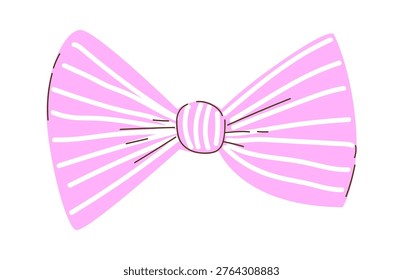 Bow knot with striped loops and stitched center, hand drawn line style. Symbol of gift wrap, party accent, celebration and femininity. Cartoon vector illustration.