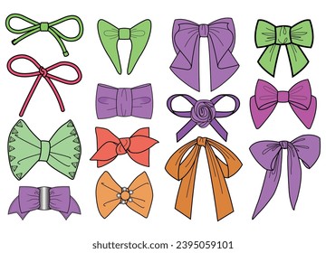 Bow knot and tie ups flat sketch vector illustrator. Set of sash bow knot for dress, waist band and clothing embellishments cad drawing template, Ribbon and satin bow knot drawing