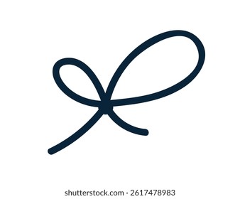 Bow knot tied with simple string loops. Minimal line cord, festive ribbon decoration. Decorative rope swirl, curved twine, thread drawing. Drawn vector illustration isolated on white background