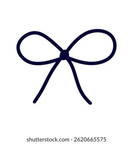 Bow knot tied with simple string loops isolated on white background. Hand drawn line cord for decoration. Minimal rope swirl, curved twine, thread drawing, festive ribbon decoration. Vector