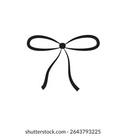Bow knot tied with simple string loops isolated on white background. Hand drawn line cord for decoration. Minimal rope swirl, curved twine, thread drawing, festive ribbon decoration. Vector