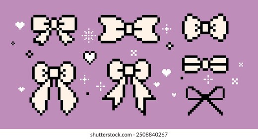 Bow knots, gift ribbons. Pixel art design elements. Abstract hair braiding accessory. Y2k trendy playful pixelated stickers. Mood of 90's aesthetics. 8-bit retro style vector illustration