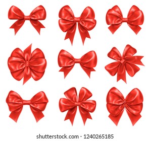 Bow knots for new year and christmas gift decorations. Set of isolated knotted favor or favour ribbon for gift or present ornament, tied bow-knot for wedding and valentine day, anniversary and holiday