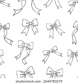 Nós de arco e fitas sem costura padrão. Ilustração desenhada à mão vetorial. Caixa de presente e decoração de festa, feriado, elemento de design decorativo.