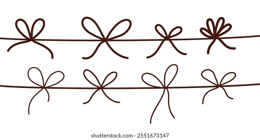 Bow knots set. Cord, string tied. Rope, twine, thin thread with loops row, line. Decorative shapes from horizontal lace, drawing. Hand-drawn graphic vector illustrations isolated on white background