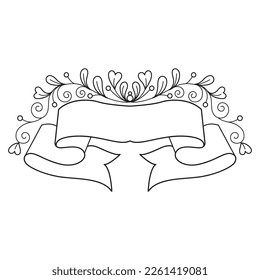 Bow label and heart hand drawn for adult coloring book