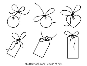 Bow with label tag for gift ribbon string vector silhouette icon. Black line art rope cord with knot and bow for birthday or holiday christmas package decoration.