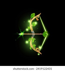 Bow with leaves, green glowing string and sparkling arrow flay style, vector illustration isolated on black background. Decorative design element for online games, nature