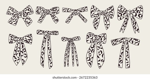 Bogen mit Leopardenmuster. Coquette Ribbon Graphic Line handgezeichnetes Design. Mode-Vektorgrafik