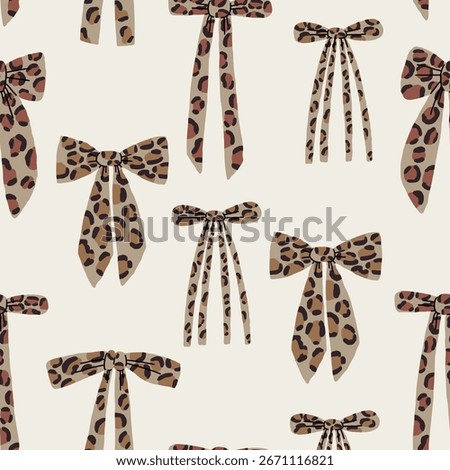 Bow Leopard Seamless Trendy Pattern. Cute Cheetah Print Ribbon Surface Design. Vector Wallpaper Background For Birthday Girl Wrapping Paper