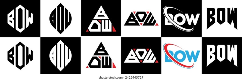 BOW letter logo design in six style. BOW polygon, circle, triangle, hexagon, flat and simple style with black and white color variation letter logo set in one artboard. BOW minimalist and classic logo