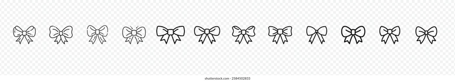 bow line icon, Black silhouette bow set. Set of bows and ribbons. Bow for gift wrapping for birthday,