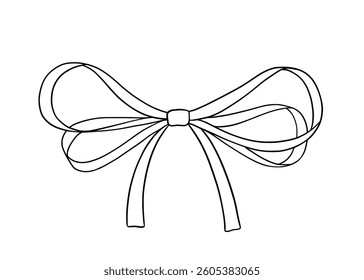 Bow line sketch, vector black line drawing on white, cute doodle ribbon