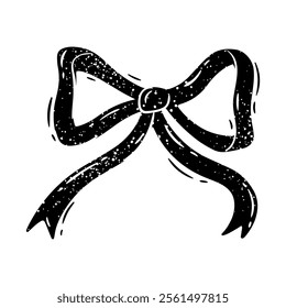 Bow in linocut style. Vector illustrations of black ribbon isolated