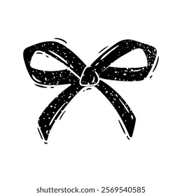 Bow in linocut style. Vector illustrations of black ribbon on white background.