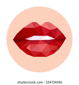Bow lips. Woman red triangle lips made from polygons. Vector abstract bright geometric illustration on white background. Women`s seductive scarlet lips, open mouth with white teeth