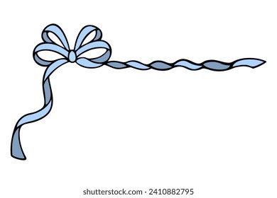 Doble con cintas azules largas. Decoración de esquina a partir de una hermosa proa atada. Ilustración del vector de color. Fondo aislado. Estilo de caricatura. Decoración romántica. 