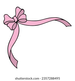 Doblar con cintas rosas largas. Decoración de esquina a partir de una hermosa proa atada. Ilustración del vector de color. Fondo aislado. Estilo de caricatura. Decoración romántica. 