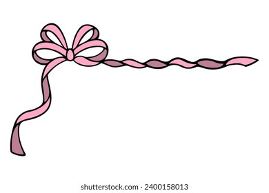 Bow with long pink ribbons. Corner decoration from a beautifully tied bow. Color vector illustration. Isolated background. Cartoon style. Romantic decoration.