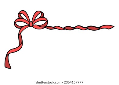 Bow with long red ribbons. Corner decoration from a beautifully tied bow. Color vector illustration. Isolated background. Cartoon style. Romantic decoration. Idea for web design, invitations