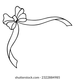 Bow with long ribbons. Sketch. Corner decoration from a beautifully tied bow. Vector illustration. Coloring book for children. Outline on isolated background. Doodle style. Romantic decoration. 