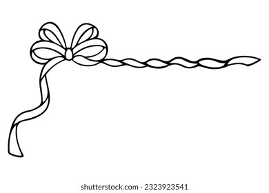 Bow with long ribbons. Sketch. Corner decoration from a beautifully tied bow. Vector illustration. Coloring book for children. Outline on isolated background. Doodle style. Romantic decoration. 