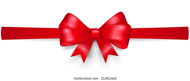 Bow made of red ribbon, located horizontally, with shadow