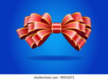 Bow made of shiny red ribbon is shown in the image.