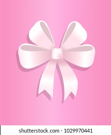 Bow made of silk tape icon, vector illustration gentle decorative element isolated on pink background, tied ribbon with four petals and two ends