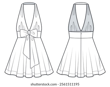 Bow mini Dress technical fashion illustration. Circle Skirt Dress fashion flat technical drawing template, open back, zipper, front and back view, white, women Dress CAD mockup.