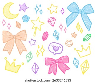 Arco, luna, estrella, corona, diamantes. Ilustración vectorial con textura pastel y tiza