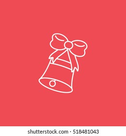 Bow On Bell Christmas New Year Line Icon On Red Background