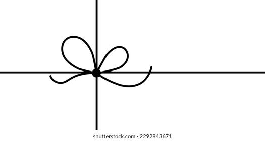 Bow on gift ribbon string vector silhouette icon. Black line art rope cord with knot and bow for holiday christmas package decoration.