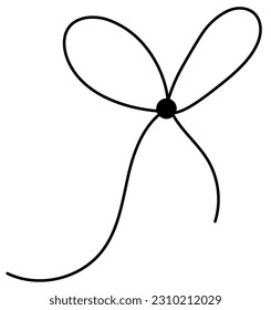 Bow on gift ribbon string vector silhouette icon. Black line art rope cord with knot and bow for holiday christmas package decoration.