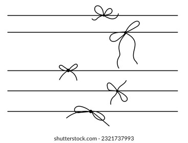 Bow on gift ribbon string vector silhouette icon set. Black line art rope cord with knot and bow for birthday or holiday christmas parcel package decoration.