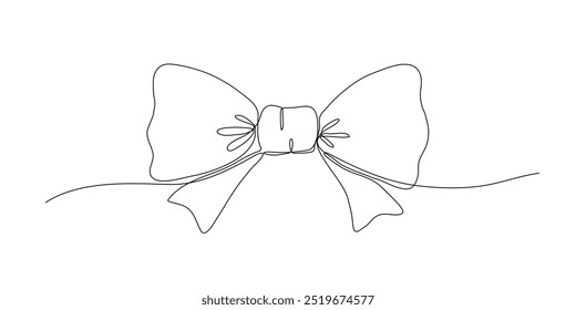 Bow one continuous line art. Drawing sketch. Ribbon vector icon