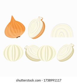 Bow. Onion set. Sliced ​​vegetable crop. Herbaceous plant. It is used in cooking, in medicine, cosmetology. Onion slices. Graphic drawing. Cartoon style