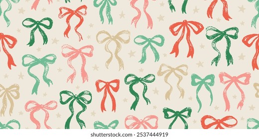 Bow pattern. Christmas seamless vintage ribbon vector illustration. Gift drawing, cute present crayon design. Colorful doodle hand drawn bow pattern. Seamless ribbon print background. Pink silhouette