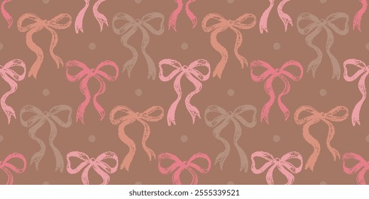 Bow pattern in color of year 2025 mocha mousse. Seamless pattern with mocha mousse background and pink ribbon. Cute print with brown palette, crayon flirtatious coquette bg. Vintage bow repeat vector