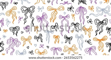 Bow pattern. Halloween seamless cute ribbon print. Bow vector. Black purple coquette ribbon. Fall Halloween background. Small girly coquette design bg. Sketchy watercolor pencil brush seamless pattern