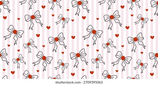Patrón de lazo con corazones sobre fondo de rayas pastel: patrón de San Valentín sin fisuras con lazos de cinta con centros rojos y corazones decorativos dispersos en rayas de Vertical rosa y blanca suaves. 