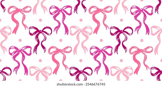 Bow pattern. Pink ribbon seamless print. Cute crayon flirtatious background. Coquette vintage repeat feminine bow pattern. Watercolor pink pretty ribbon seamless vector. Brush, pencil cute girl design