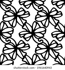 A bow pattern with a ribbon hand-drawn in the doodle style with a black line on a white background. Vector seamless pattern of a bow folded several times for invitation design template, packaging
