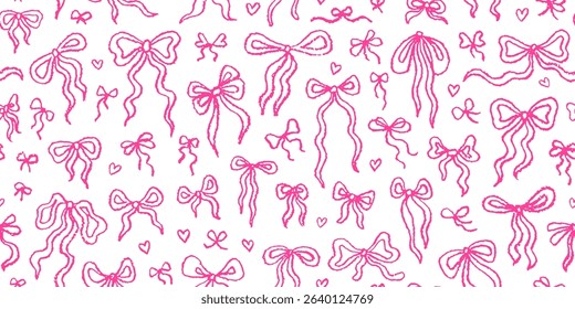 Bow pattern. Seamless pink ribbon coquette print. Cute bow vintage seamless pattern. Repeat vector hand drawn bg. Valentine, Wedding, Birthday graphic. Pink line ribbon background. Retro crayon print