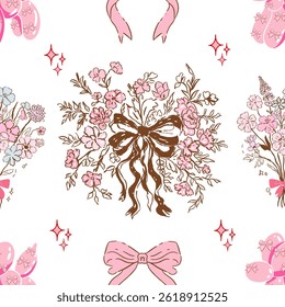 bow pattern seamless, vintage flowers, Vintage Retro Pink Seamless Pattern, Pink Vintage Coquette valentine seamless file, Retro Pink seamless file, Retro coquette Digital wallpaper, ribbon background
