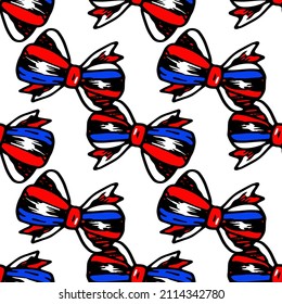 un patrón de arco atado con una cinta tricolor de colores rojo, azul y blanco.patrón de corbata de arco sin costura en los colores de la bandera estadounidense al estilo de los garabatos, a menudo colocado en blanco para una plantilla de diseño