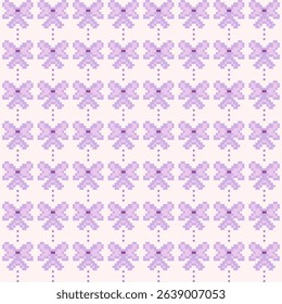 Bow pattern vector of purple-pink and mini heart. Cute pattern seamless. Concept of abstract shape, ribbon, pixel arts, gift, modern, trendy for wrap, print, textiles, fabric texture, background.