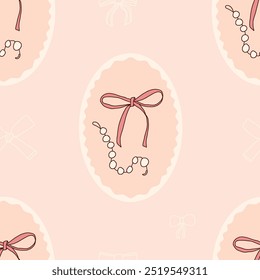 Colar de arco e pérola padrão sem costura. Pink feriado banda circular emblema repetir fundo. Bowknots retro oval design infinito. Ilustração vetorial.