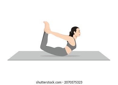 Bow Pose, Beautiful girl practice Dhanurasana. Young attractive woman practicing yoga exercise. working out, black wearing sportswear, grey pants and top, indoor full length, calmness and relax.